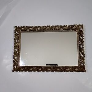 Vintage Vanity Mirror Perfume Tray Tone Gold Floral Rectangle